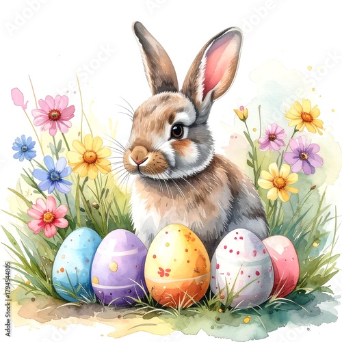 A charming illustration of a rabbit amid spring flowers, colorful Easter eggs sit in the grassy foreground. Watercolor aesthetic