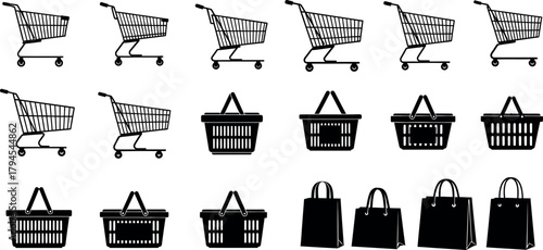 Collection of hand drawn sketch style shopping carts baskets and bags for retail and commerce