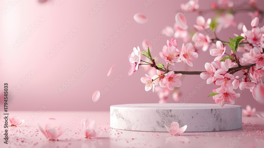 Naklejka premium Soft pink background with marble podium and falling sakura petals.