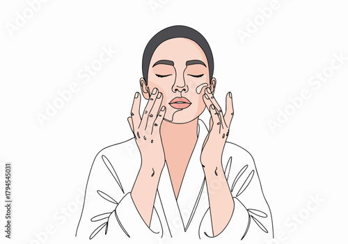 A woman applying face cream for her daily skincare routine. Minimalist line art design. Beauty and self-care concept