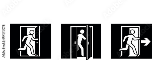 Three stylized figures in black and white depicting a person running through an open doorway indicating an exit