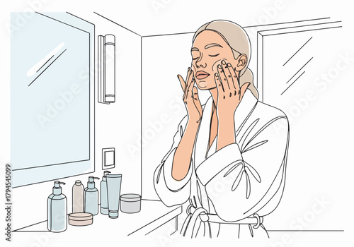 A woman performing her skincare routine in the bathroom. Minimalist line art of self-care and beauty treatment. Applying cosmetic cream to face for healthy skin