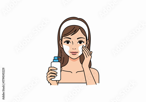 A woman applying face cream for her daily skincare routine. Beauty and cosmetic treatment concept. Simple cartoon graphic