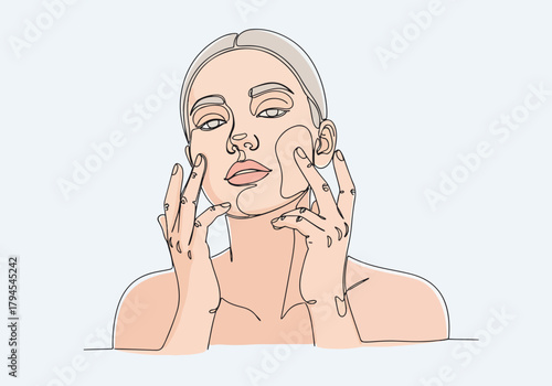 Woman applying face cream in a one-line art style. Minimalist skincare routine and beauty concept. Abstract portrait for cosmetics and spa branding