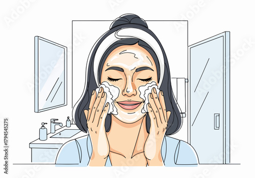 A woman washing her face as part of her daily skincare routine. Beauty and self-care concept. Line art graphic for cosmetics and wellness