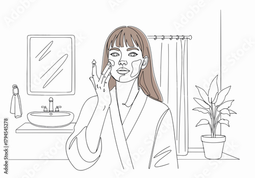 A woman's skincare routine in the bathroom. Minimalist continuous line art drawing. Applying face cream for self-care and beauty