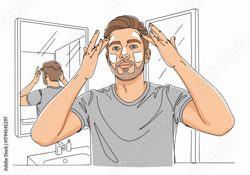 Man applying face cream for his skincare routine. Male grooming and self-care concept. Clean line art drawing