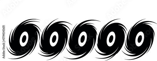 Five abstract black swirling vortex shapes with rough brushstroke texture on white background