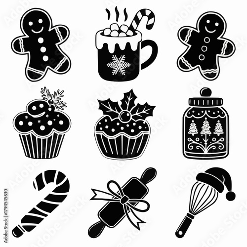 Festive Baking Delights: An array of charming Christmas baking illustrations in delightful monochrome: Gingerbread man, cupcake, cookies, hot chocolate, candy cane, rolling pin, whisk and santa's hat.
