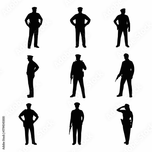Silhouetted Officers: An array of police officers stand in stark silhouette against a clean, uncluttered background, representing authority, law, and service.