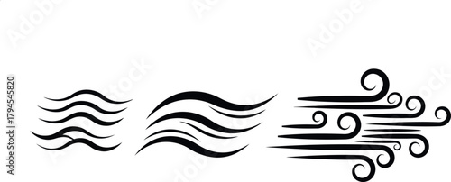 Abstract hand drawn black brush strokes representing wind waves and air flow motion