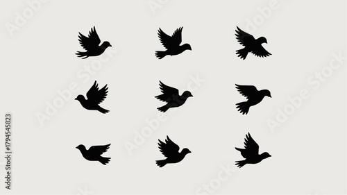 Soaring Silhouettes: A graphic depiction of nine doves in mid-flight against a soft backdrop, symbolizing peace and freedom in graceful motion.