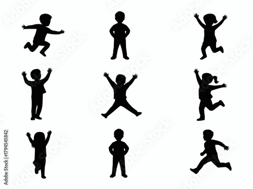 Childhood silhouette: captures a series of playful silhouettes of children engaged in various activities, evoking a sense of carefree joy and childhood adventures.