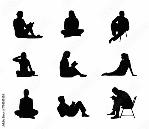 Silhouettes of Reading in various positions: Intimate portrayal of people absorbed in the joy of reading, set against a backdrop of stillness.