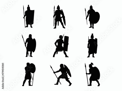 Ancient Warriors Silhouette: A striking composition of ancient warriors, poised in various stances with spears and shields. The silhouettes embody strength and valor.