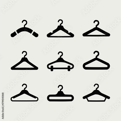 Hanger Variety: A collection of various hanger silhouettes, showcasing designs for organizing and displaying garments, emphasizing simplicity and utility.