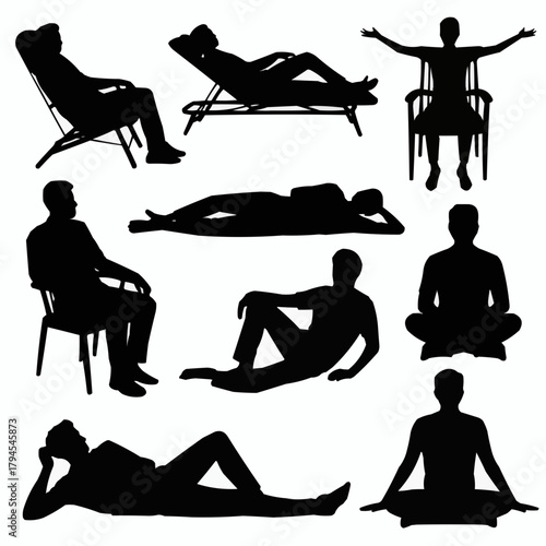 Relaxation Silhouettes: Diverse silhouettes capture the essence of leisure and repose in various seated and reclining positions, Perfect for depicting ease and relaxation.