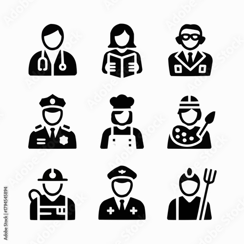 Occupational Icons: A collection of meticulously crafted, stylized icons that represent a diverse array of professions, from healthcare to the arts.