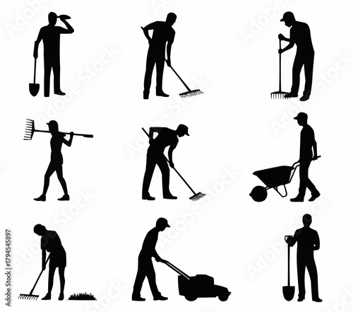 Gardening activities silhouettes: A collection of various silhouette of people engaged in gardening activities, showcasing the diverse tasks and tools of cultivating and maintaining a garden.