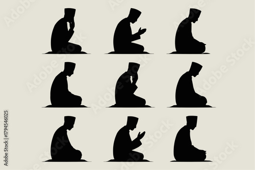 Spiritual Devotion in Silhouette: Capturing the essence of prayer, a sequence of figures in silhouette demonstrates the devotion and reverence through various stages of supplication.