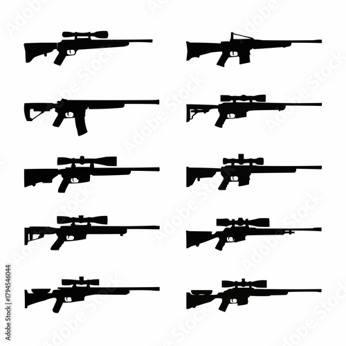 Gun Silhouette Collection: A collection of various gun silhouettes presented in a monochrome style, perfect for illustrating weaponry, tactical elements, or security concepts.