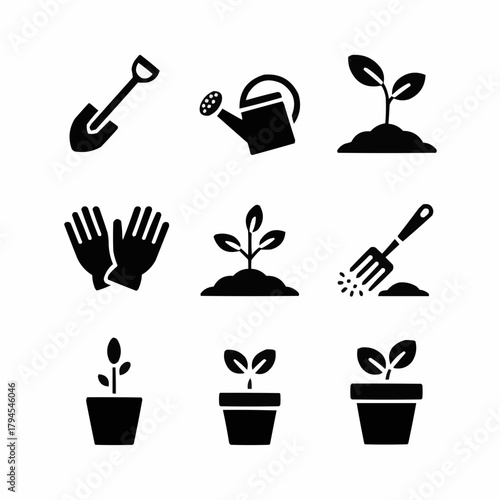 Gardening Tools and Seedling Icons: A comprehensive set of stylized gardening tools and seedling icons, perfect for illustrating horticultural concepts. Includes a shovel, watering can, seedling.