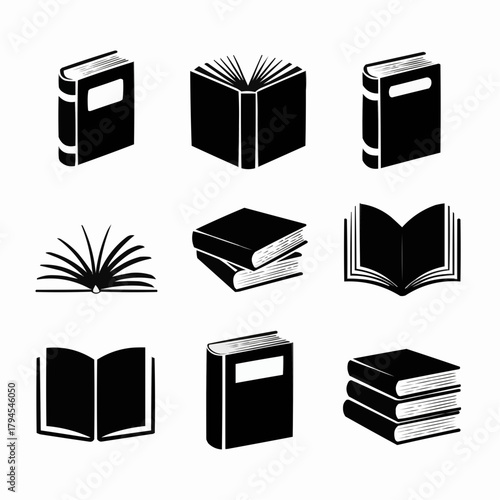 Collection of Books Silhouettes: A sophisticated assortment of book silhouettes, each with its unique orientation and design, creating a visual symphony of knowledge and learning.