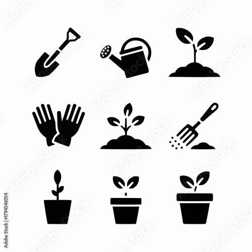 Gardening Icons: Collection of simple gardening tools icons. Depicting the various necessary tools and plants for this hobby