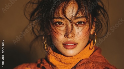 Young Asian model with loose hair and an intense gaze posing in close-up against warm light and a neutral background.