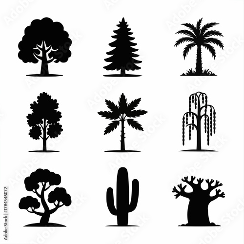 Diverse Silhouettes of Nature's Giants: An artistic collection showcases various trees, each a unique embodiment of nature's artistry, and provides insight into the different types of flora