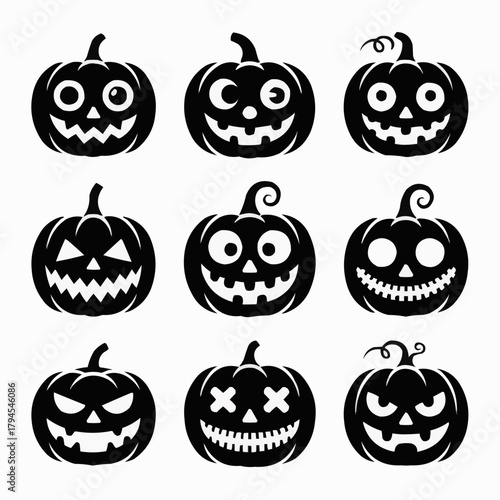Halloween Pumpkins: A collection of intricately carved pumpkins, each with a unique and spooky expression, set against a dark background, embodying the essence of Halloween.