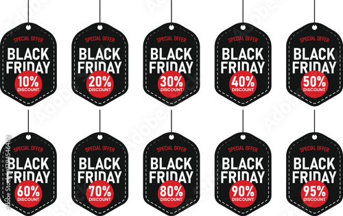 Collection of ten black friday sale price tags with varying percentage discounts displayed on a white background