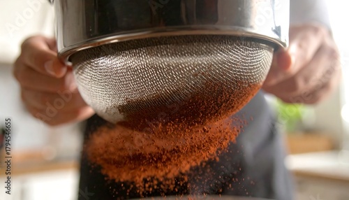 Brown cocoa powder is sifted through a metal sieve held in both hands, creating a falling cloud of dust