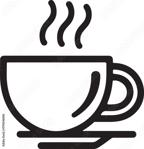 Outline vector icon of a steaming hot beverage cup on a saucer representing warmth and comfort