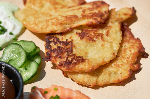 Fried potato pancakes, a traditional potato dish. Shallow depth of field