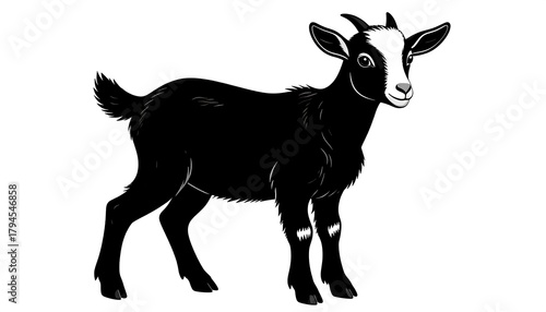 Cartoon of a black goat with white markings standing isolated on a white background