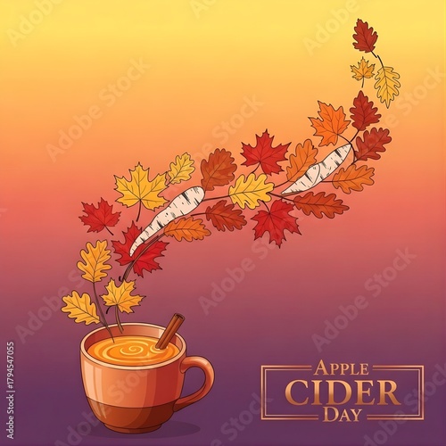 Seasonal Pattern with Cider Mug and Spiral Leaves in Warm Colors for Apple Cider Day