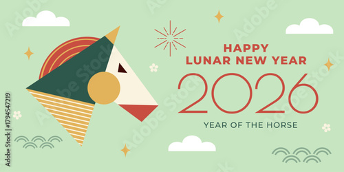 Lunar New Year 2026 geometric banner featuring an abstract horse head, minimal shapes and pastel jade green background. Perfect for festive posters, invitations, greeting cards and print materials.
