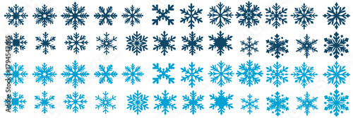 A set of different snowflake designs arranged in rows. The snowflakes are varied in shape and style, rendered in two distinct shades of blue against a white background.