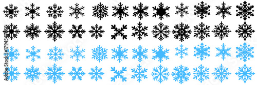 A set of snowflake designs shown in black and light blue organized into rows. Each snowflake is unique with varying shapes and sizes to create a diverse collection.