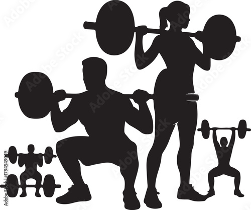 People weightlifting workout in gym silhouette vector