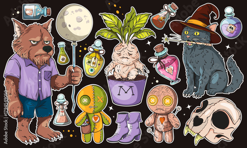 Set whimsical halloween illustrations featuring a werewolf, cat, and magical items