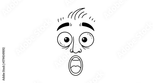 Black and white cartoon drawing of a shocked or surprised face with wide eyes and open mouth, expressing fear or amazement.