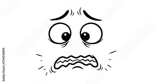 Black and white cartoon illustration of a scared and anxious face with wide eyes and a trembling mouth.