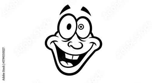 A black and white cartoon illustration of a goofy, smiling face with wide eyes and an exaggerated, crazy expression.