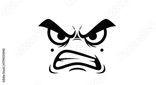 A black and white cartoon illustration of an angry face with furrowed brows, glaring eyes, and bared teeth, expressing intense rage.