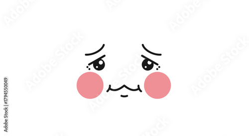 A cute cartoon face with a sad and worried expression, featuring pink blush on cheeks.
