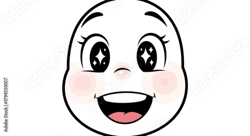 A cheerful cartoon face with sparkling eyes and a wide smile, expressing pure joy and happiness on a white background.