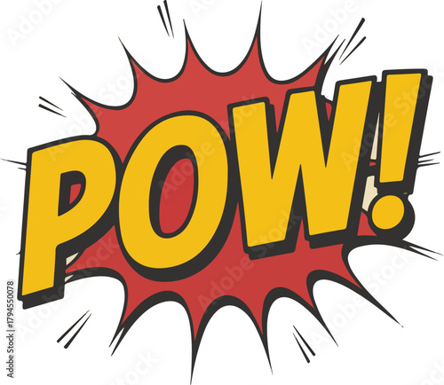POW! comic book style vector sound effect with yellow letters and red explosion shape