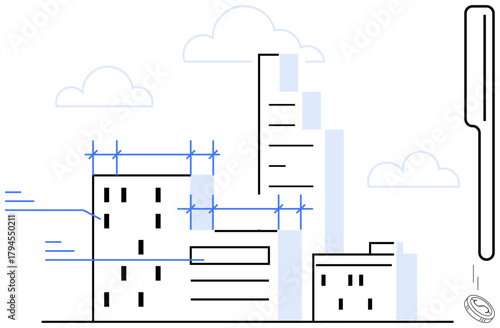 Skyscrapers under construction with scaffoldings, structural lines, clouds, and pencil. Ideal for architecture, urban planning, real estate, innovation creativity engineering growth. Simple flat